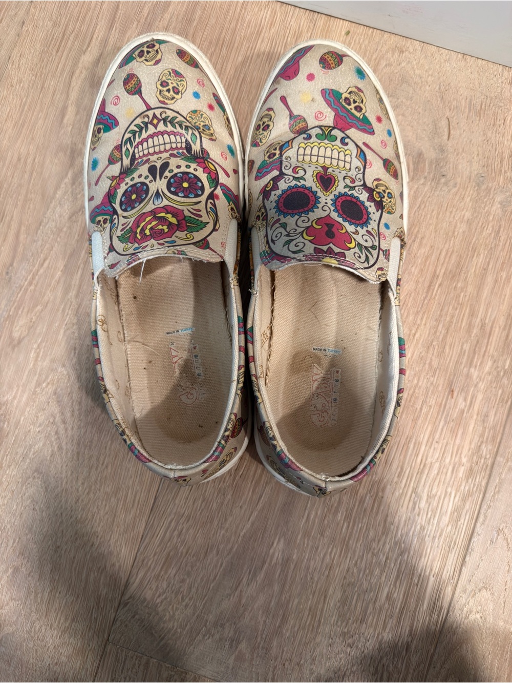 Women’s Slip-On Canvas Flats with Colorful Sugar Skull Print - Beige